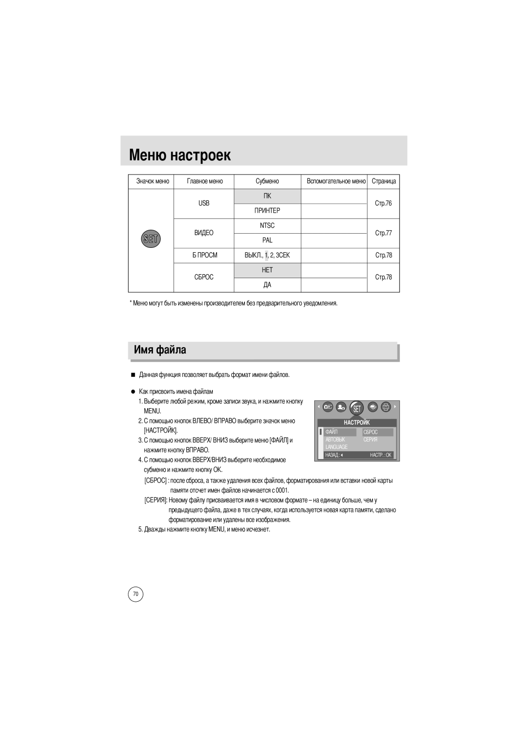 Samsung EC-A400ZSBA/US, EC-UC501SBA/US, EC-A400ZSBA/E1, EC-UC501SBB/US, EC-A400ZSBB/US, EC-A400ZSAA manual USB Ntsc PAL Menu 