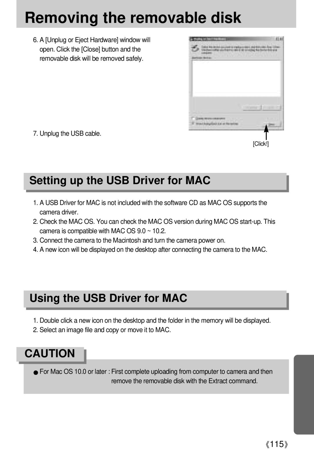 Samsung EC-UCA4ZSAB, EC-UCA4ZSAA, EC-UCA4ZSBA/DE manual Setting up the USB Driver for MAC, Using the USB Driver for MAC 