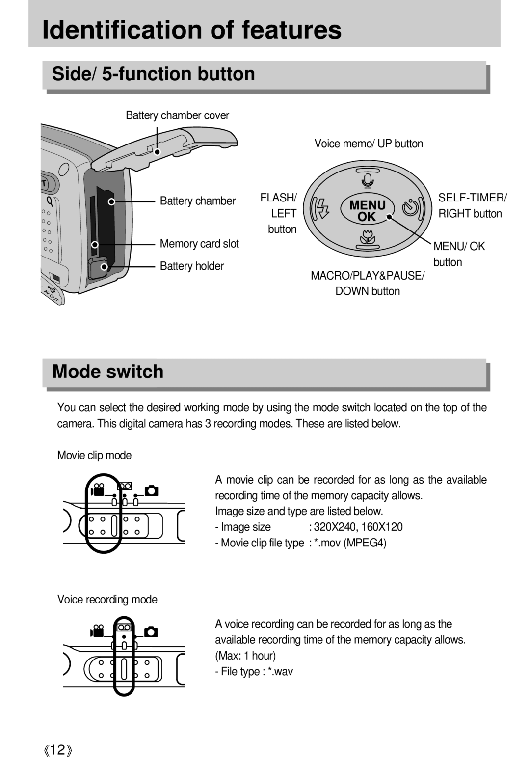 Samsung EC-UCA4ZRBA/E1, EC-UCA4ZSAA, EC-UCA4ZSBA/DE, EC-UCA4ZSBA/US, EC-UCA4ZSAB manual Side/ 5-function button, Mode switch 