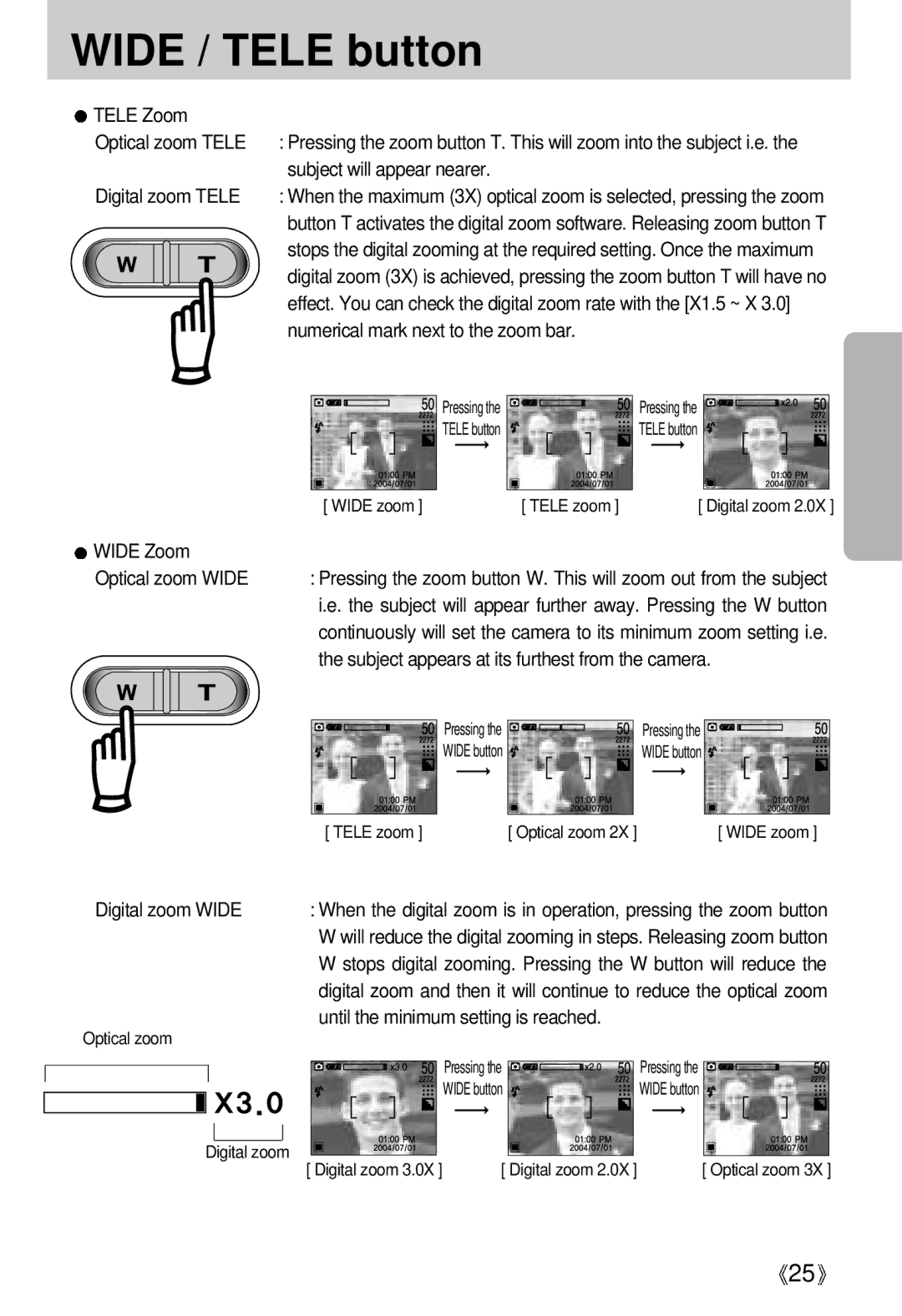 Samsung EC-UCA4ZSBA/FR, EC-UCA4ZSAA, EC-UCA4ZSBA/DE, EC-UCA4ZSBA/US, EC-UCA4ZSAB, EC-UCA4ZRBA/E1 manual Wide / Tele button 