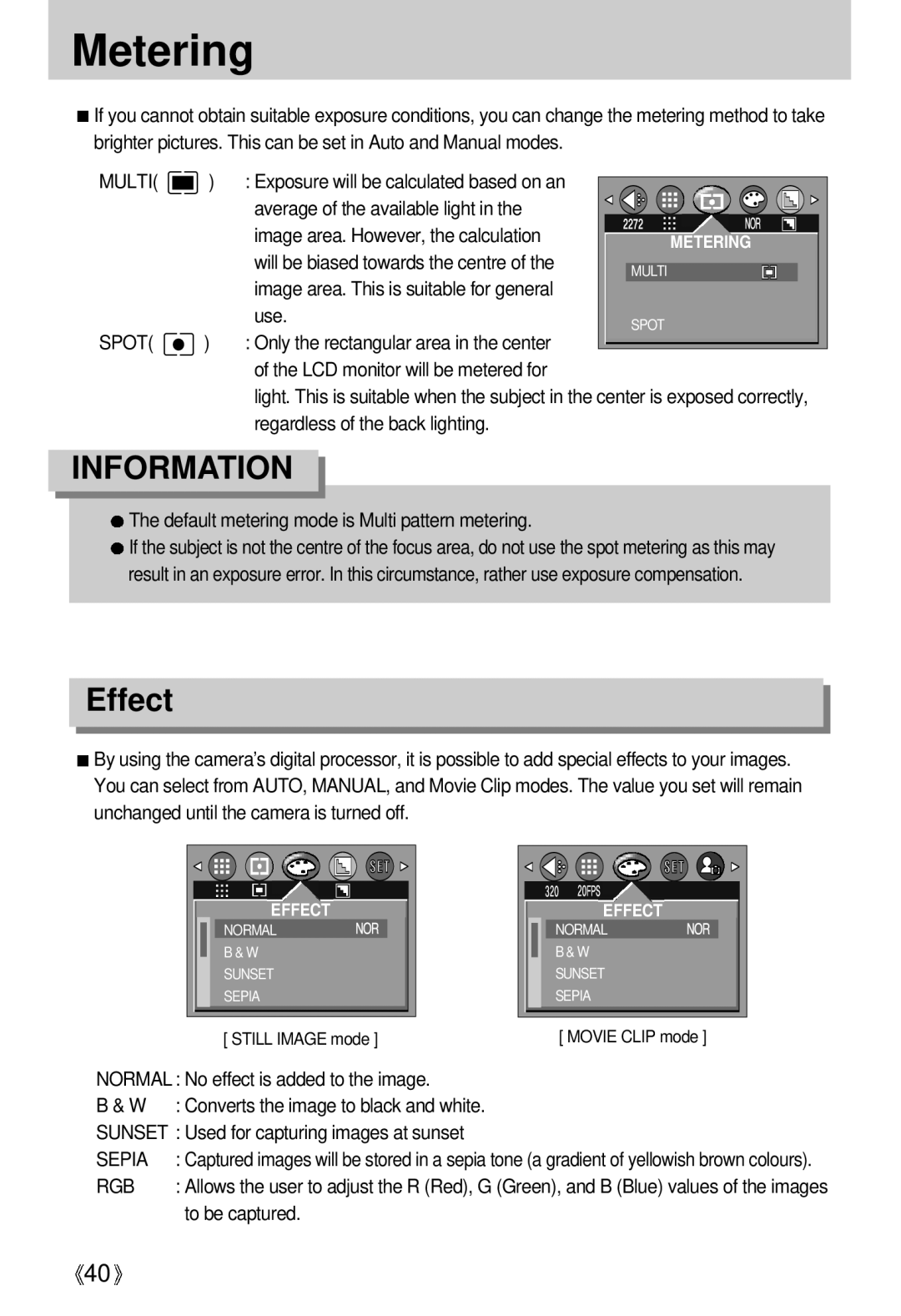 Samsung EC-UCA4ZRBA/E1, EC-UCA4ZSAA, EC-UCA4ZSBA/DE, EC-UCA4ZSBA/US, EC-UCA4ZSAB, EC-UCA4ZSBA/FR manual Metering, Effect, Rgb 