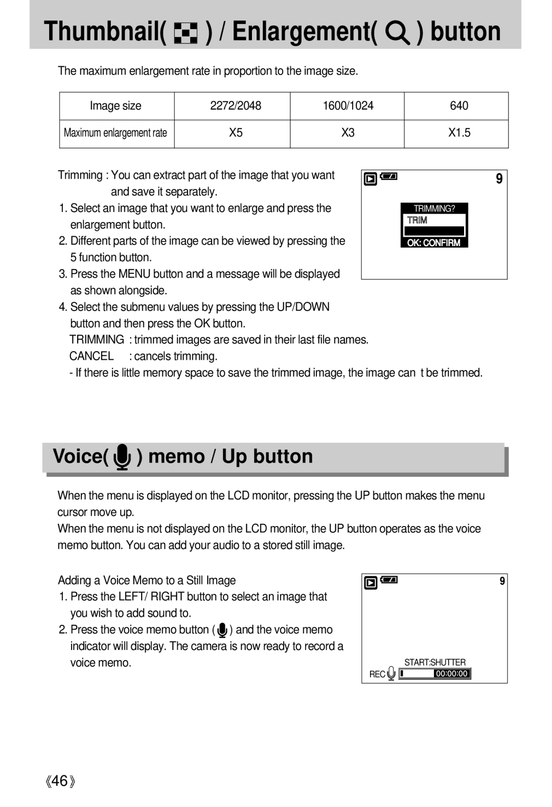 Samsung EC-UCA4ZSBA/FR, EC-UCA4ZSAA, EC-UCA4ZSBA/DE, EC-UCA4ZSBA/US, EC-UCA4ZSAB Thumbnail / Enlargement button, Voice memo 