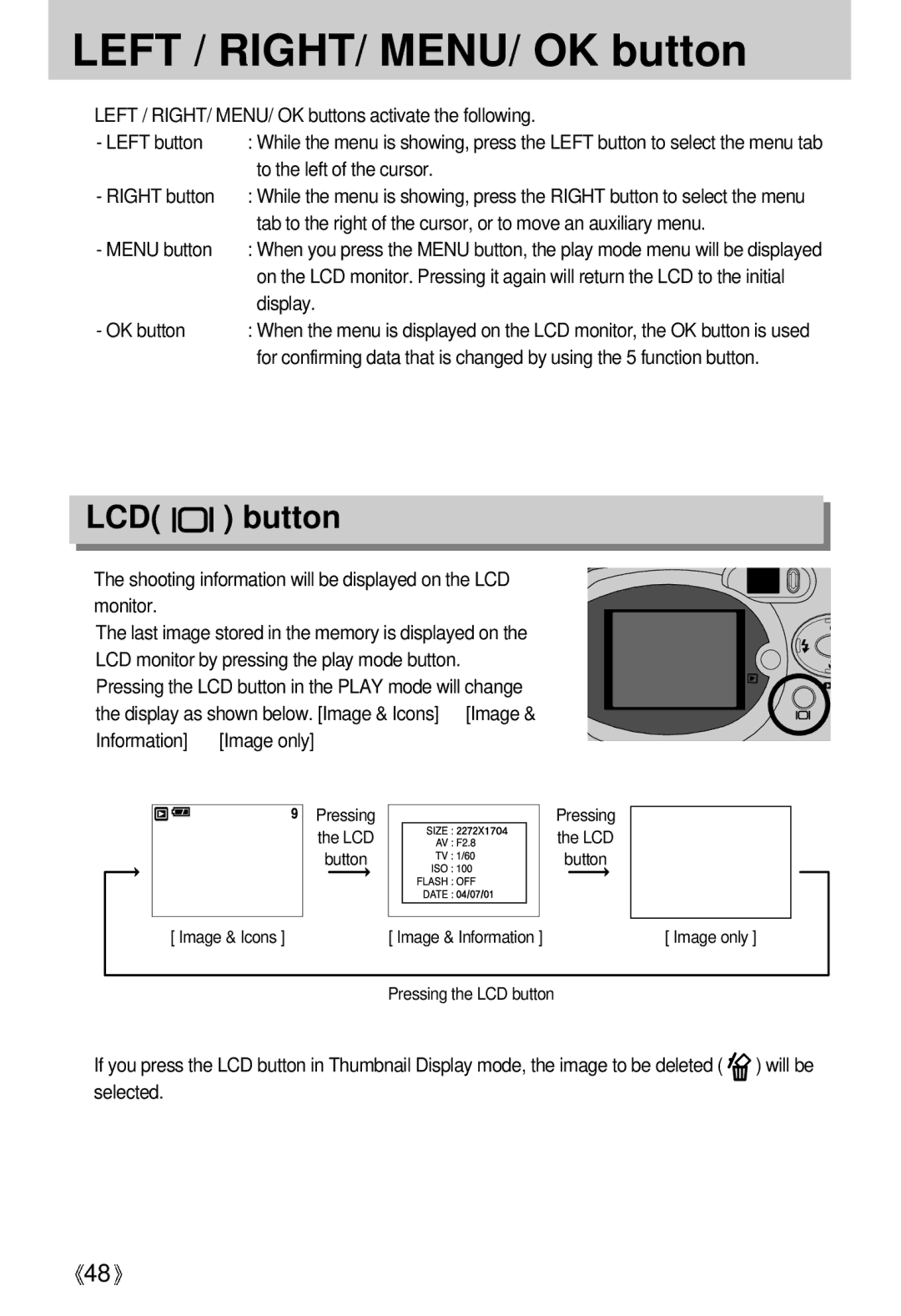 Samsung EC-UCA4ZSBA/GB, EC-UCA4ZSAA manual Left / RIGHT/ MENU/ OK button, To the left of the cursor, Menu button, Display 