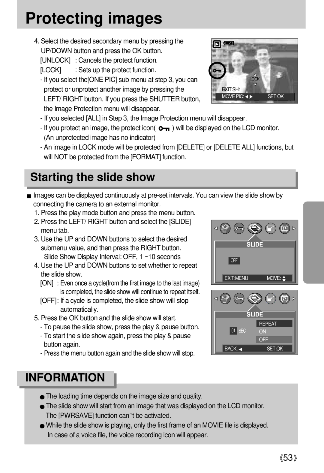 Samsung EC-UCA4ZSBA/FR, EC-UCA4ZSAA, EC-UCA4ZSBA/DE, EC-UCA4ZSBA/US Protecting images, Starting the slide show, Unlock, Lock 