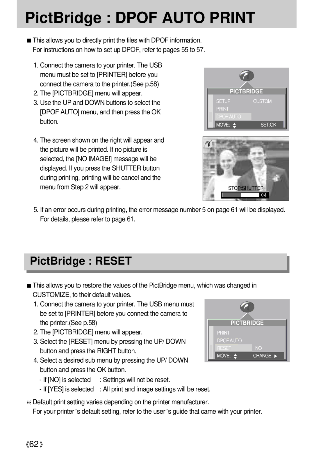 Samsung EC-UCA4ZSBA/GB PictBridge Dpof Auto Print, PictBridge Reset, Be set to Printer before you connect the camera to 