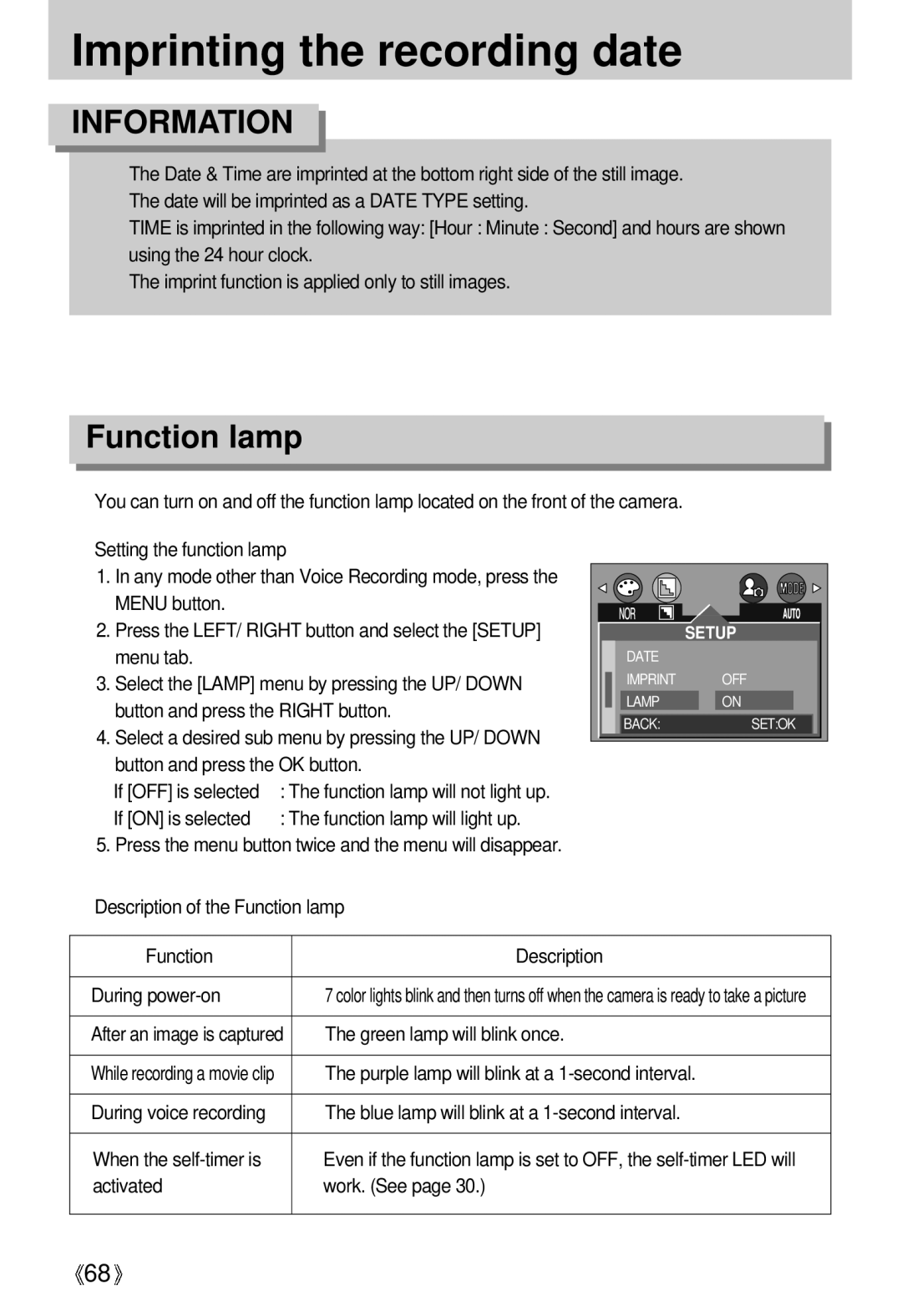 Samsung EC-UCA4ZRBA/E1, EC-UCA4ZSAA, EC-UCA4ZSBA/DE, EC-UCA4ZSBA/US, EC-UCA4ZSAB Imprinting the recording date, Function lamp 