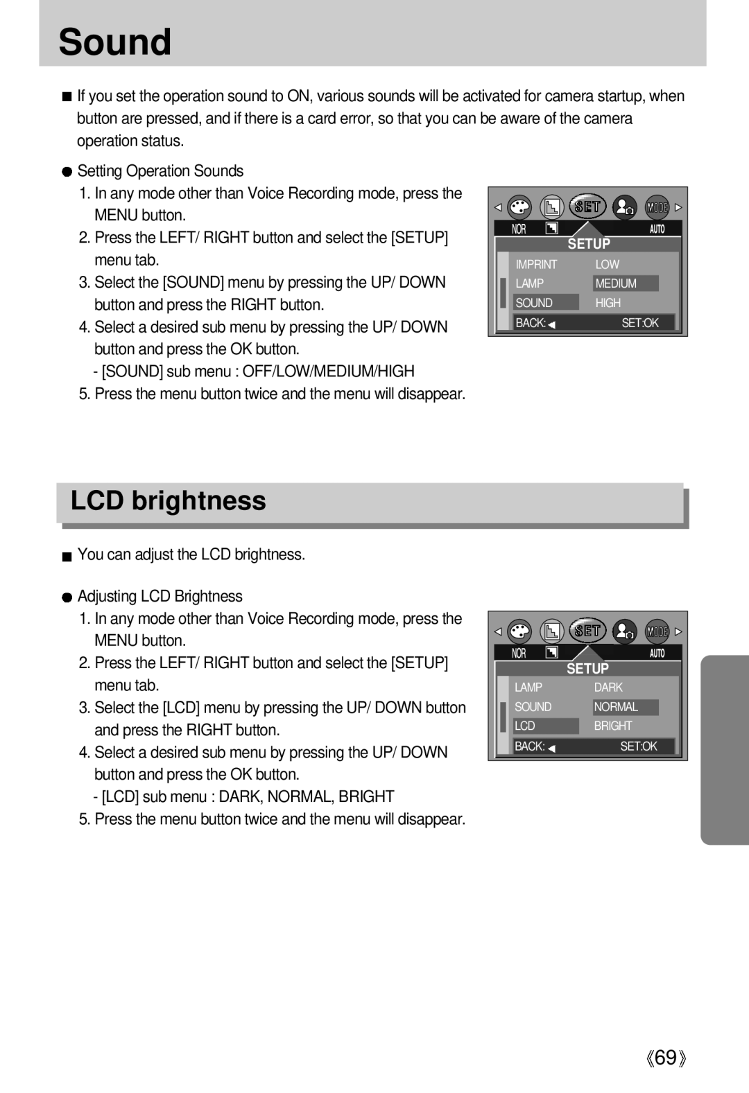 Samsung EC-UCA4ZSBA/GB, EC-UCA4ZSAA, EC-UCA4ZSBA/DE, EC-UCA4ZSBA/US, EC-UCA4ZSAB, EC-UCA4ZSBA/FR manual Sound, LCD brightness 