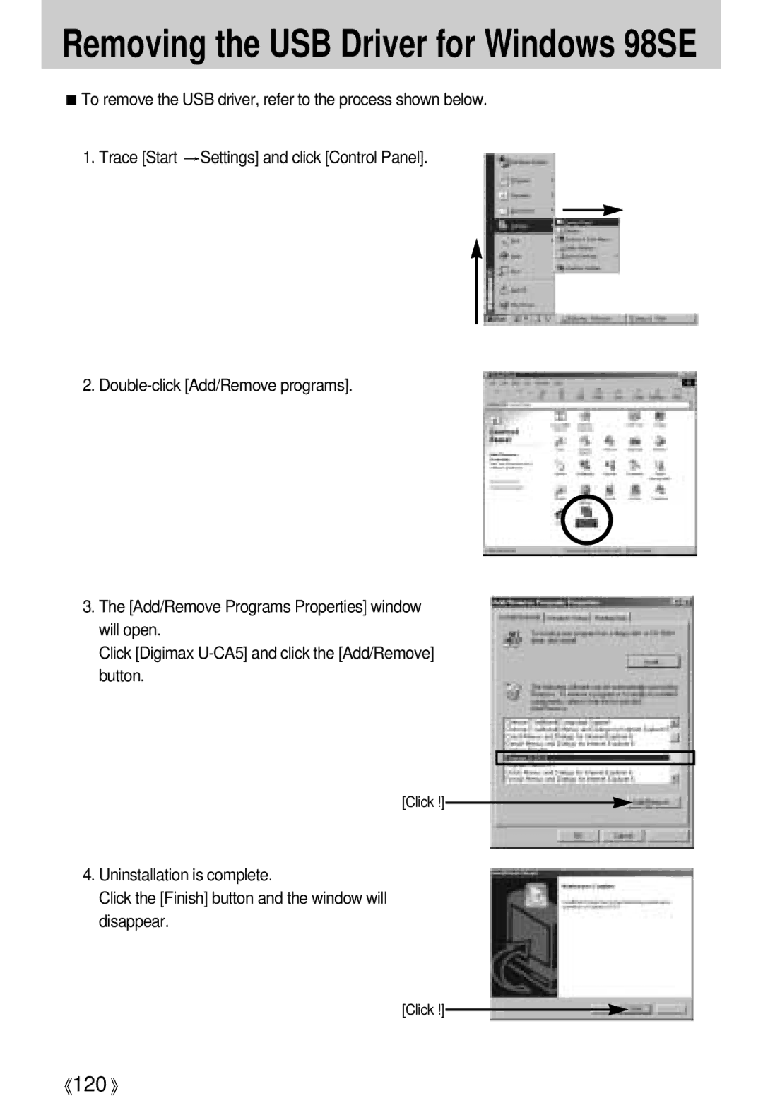 Samsung EC-UCA5ZRBA/US, EC-UCA5ZEBA/DE, EC-UCA5ZEBB/FR, EC-UCA5ZEBC/FR, EC-UCA5ZSAA Removing the USB Driver for Windows 98SE 