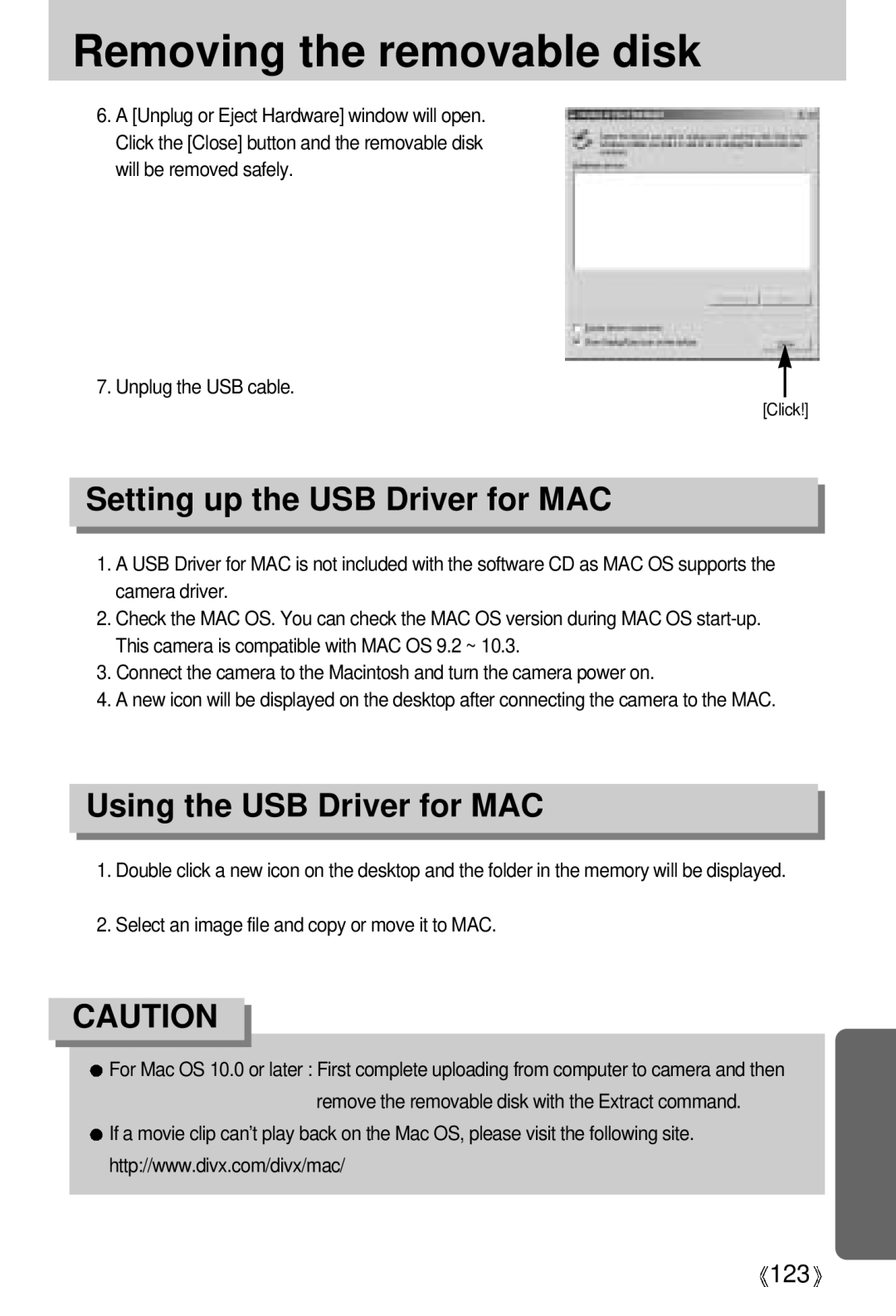 Samsung EC-UCA5ZEBA/FR, EC-UCA5ZEBA/DE, EC-UCA5ZEBB/FR manual Setting up the USB Driver for MAC, Using the USB Driver for MAC 