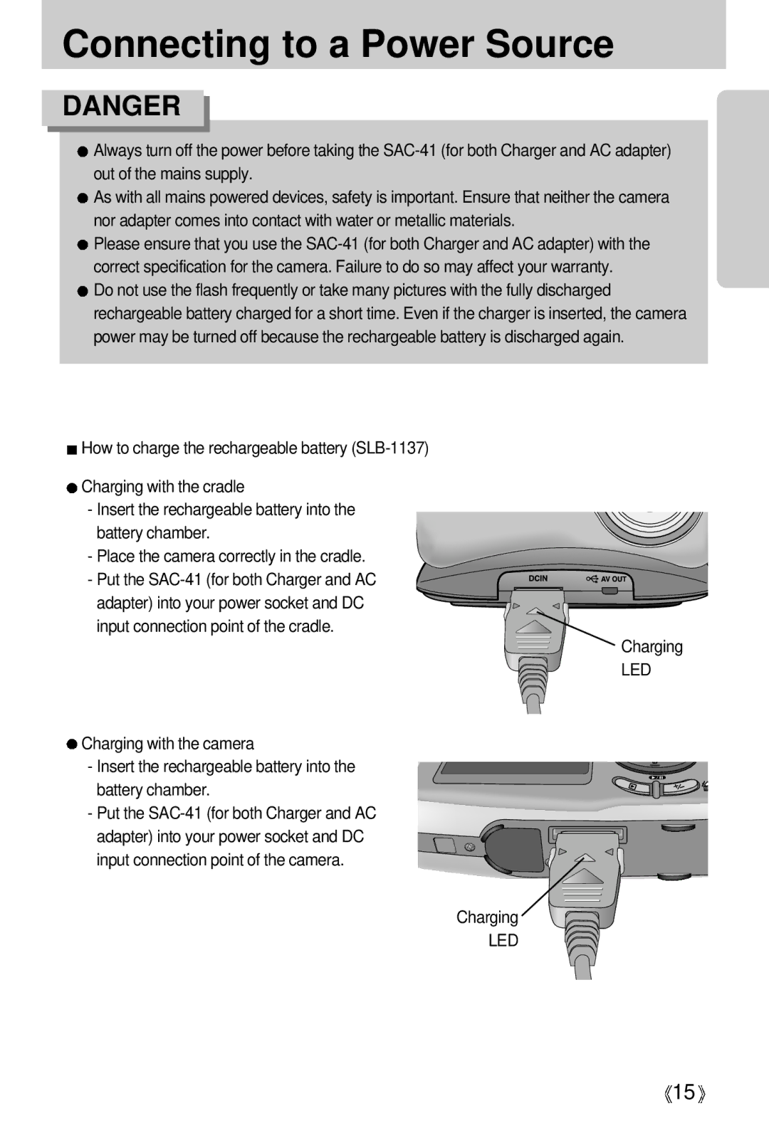 Samsung EC-UCA5ZEBB/E1, EC-UCA5ZEBA/DE, EC-UCA5ZEBB/FR, EC-UCA5ZEBC/FR, EC-UCA5ZEBG/E1, EC-UCA5ZRBB/SP manual Charging, Led 