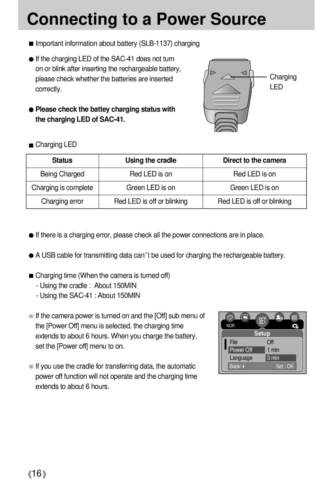 Samsung EC-UCA5ZEBB/SP, EC-UCA5ZEBA/DE, EC-UCA5ZEBB/FR manual Charging LED, Status Using the cradle Direct to the camera 