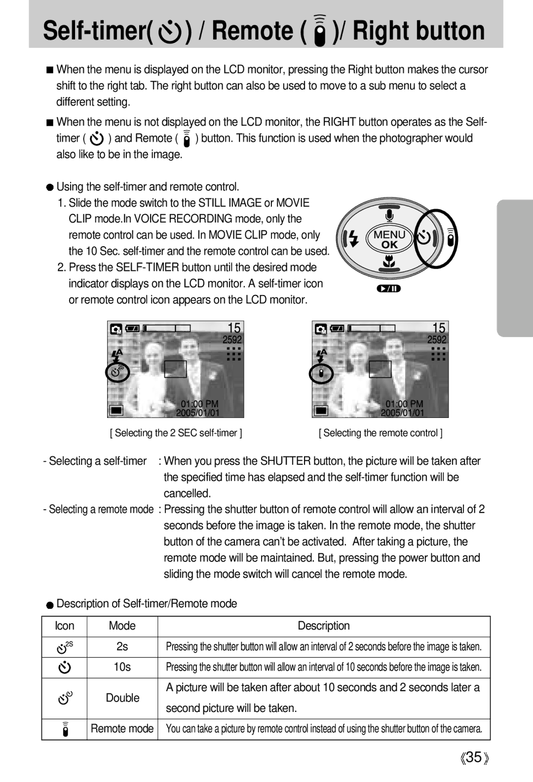 Samsung EC-UCA5ZRBC/SP, EC-UCA5ZEBA/DE manual Description of Self-timer/Remote mode Icon Mode, Second picture will be taken 