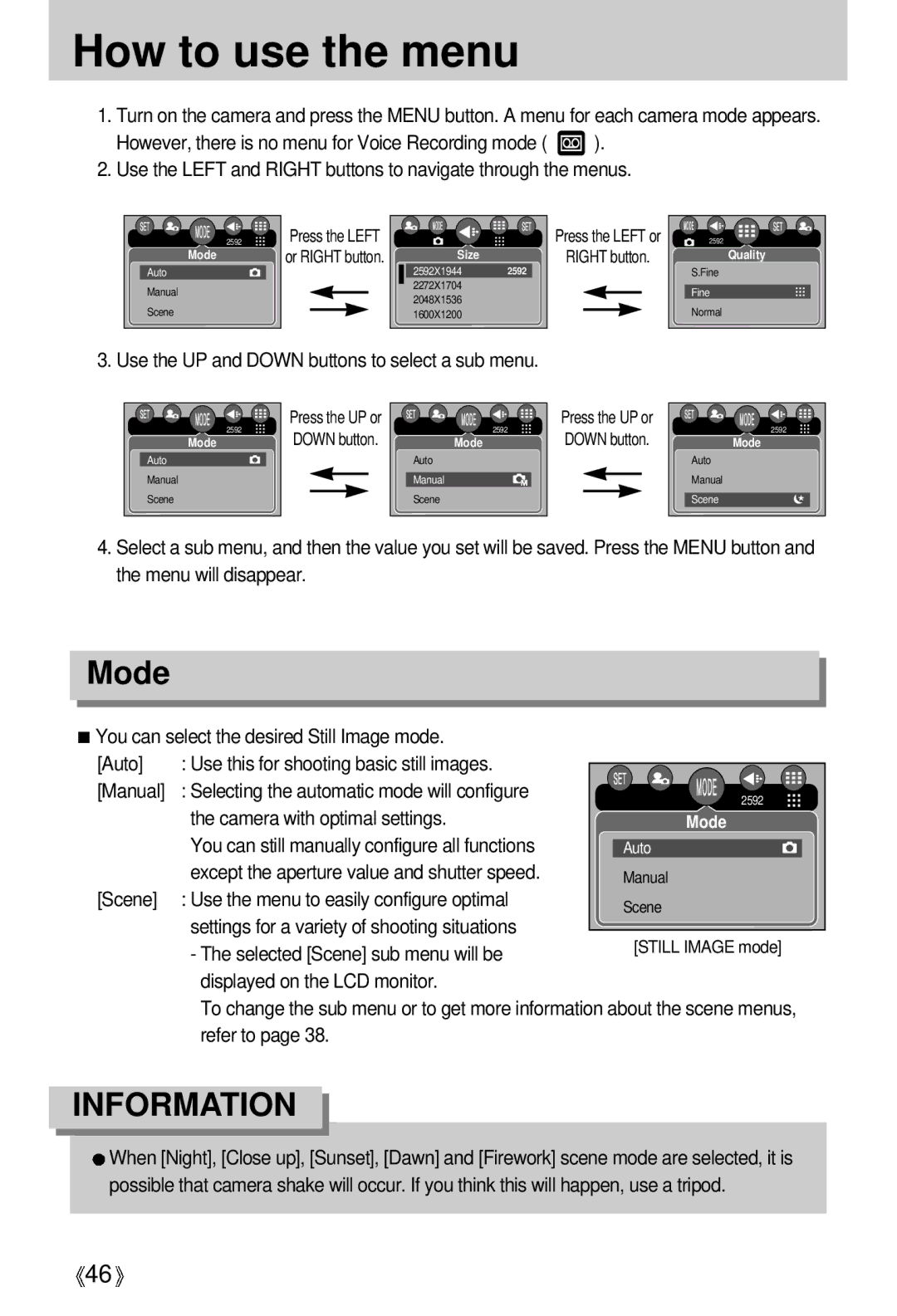 Samsung EC-UCA5ZEBA/DE, EC-UCA5ZEBB/FR, EC-UCA5ZEBC/FR, EC-UCA5ZEBG/E1, EC-UCA5ZRBB/SP, EC-UCA5ZSAA How to use the menu, Mode 