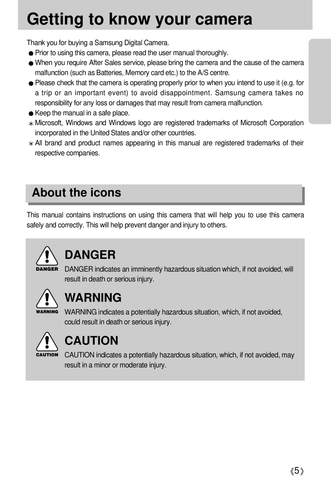 Samsung EC-UCA5ZUBA/E1, EC-UCA5ZEBA/DE, EC-UCA5ZEBB/FR, EC-UCA5ZEBC/FR manual Getting to know your camera, About the icons 