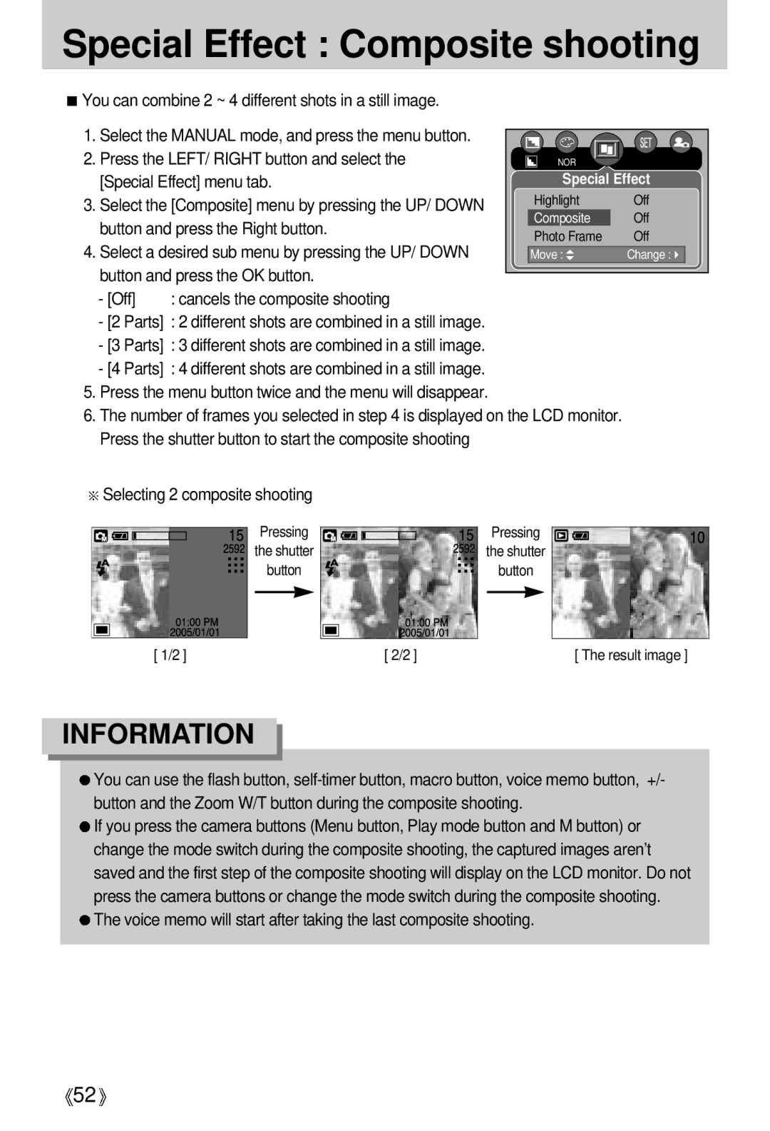 Samsung EC-UCA5ZUBC/E1 manual Special Effect Composite shooting, You can combine 2 ~ 4 different shots in a still image 