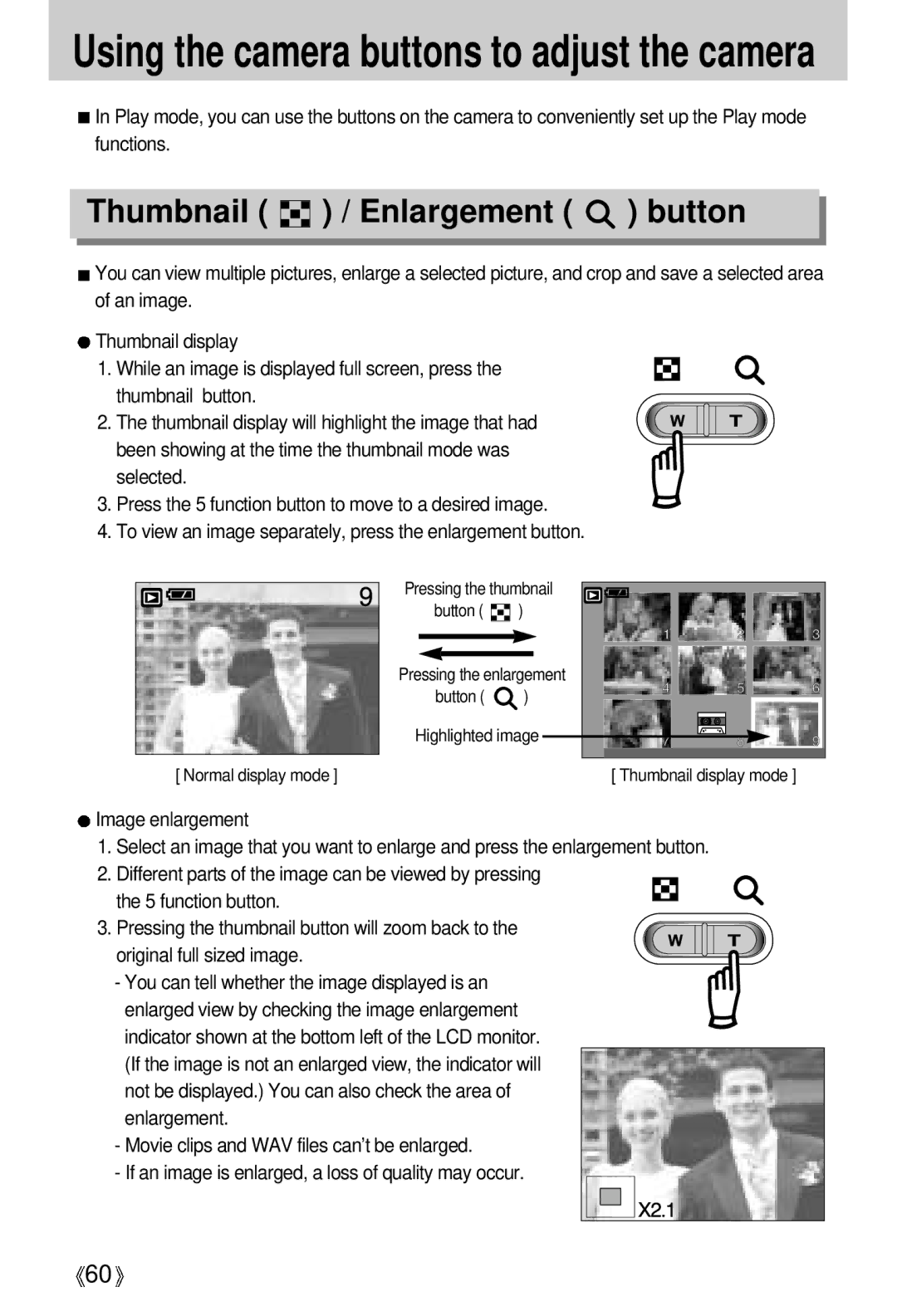 Samsung EC-UCA5ZEBA/GB, EC-UCA5ZEBA/DE, EC-UCA5ZEBB/FR, EC-UCA5ZEBC/FR, EC-UCA5ZEBG/E1 manual Thumbnail / Enlargement button 