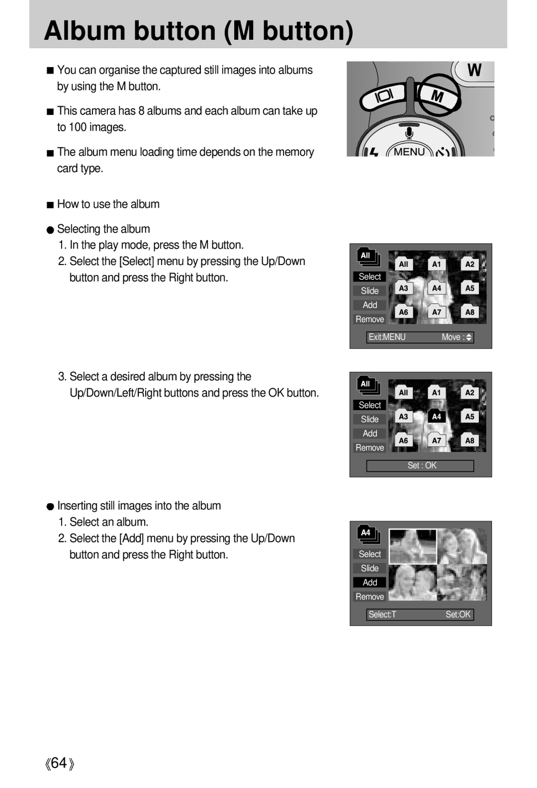 Samsung EC-UCA5ZUBG/E1, EC-UCA5ZEBA/DE manual Album button M button, Inserting still images into the album Select an album 