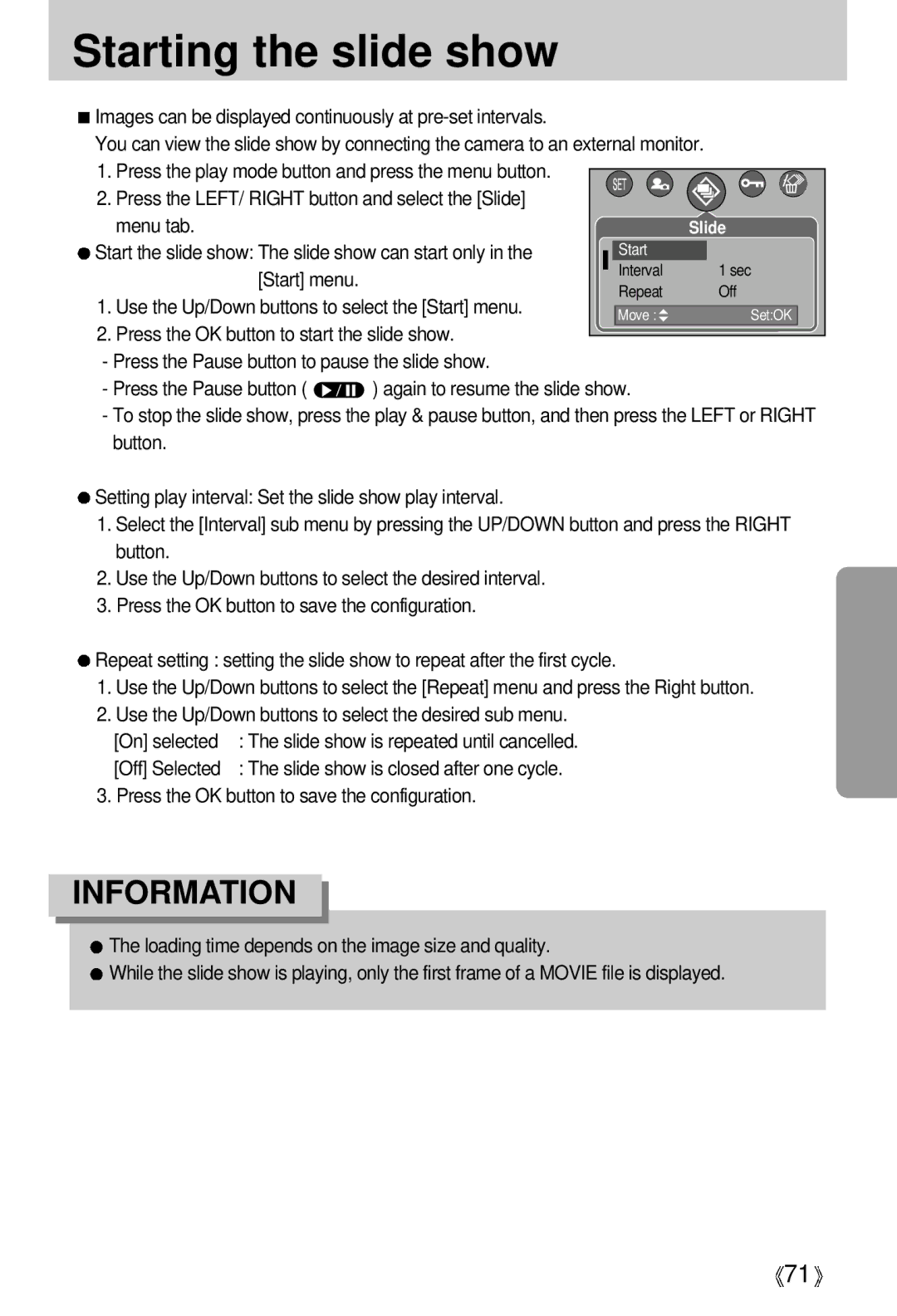 Samsung EC-UCA5ZUBD/SP Starting the slide show, Press the LEFT/ Right button and select the Slide Menu tab, Start menu 