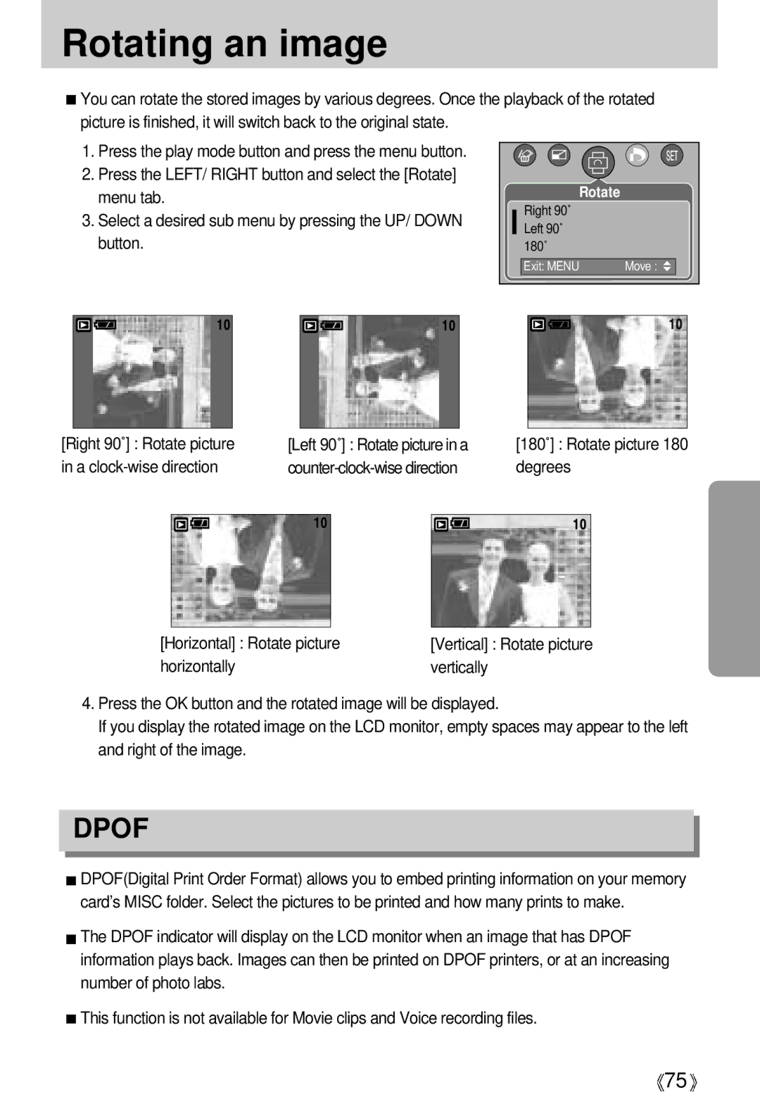 Samsung EC-UCA5ZSAA, EC-UCA5ZEBA/DE, EC-UCA5ZWAA Rotating an image, Right 90˚ Rotate picture Left 90˚ Rotate picture in a 