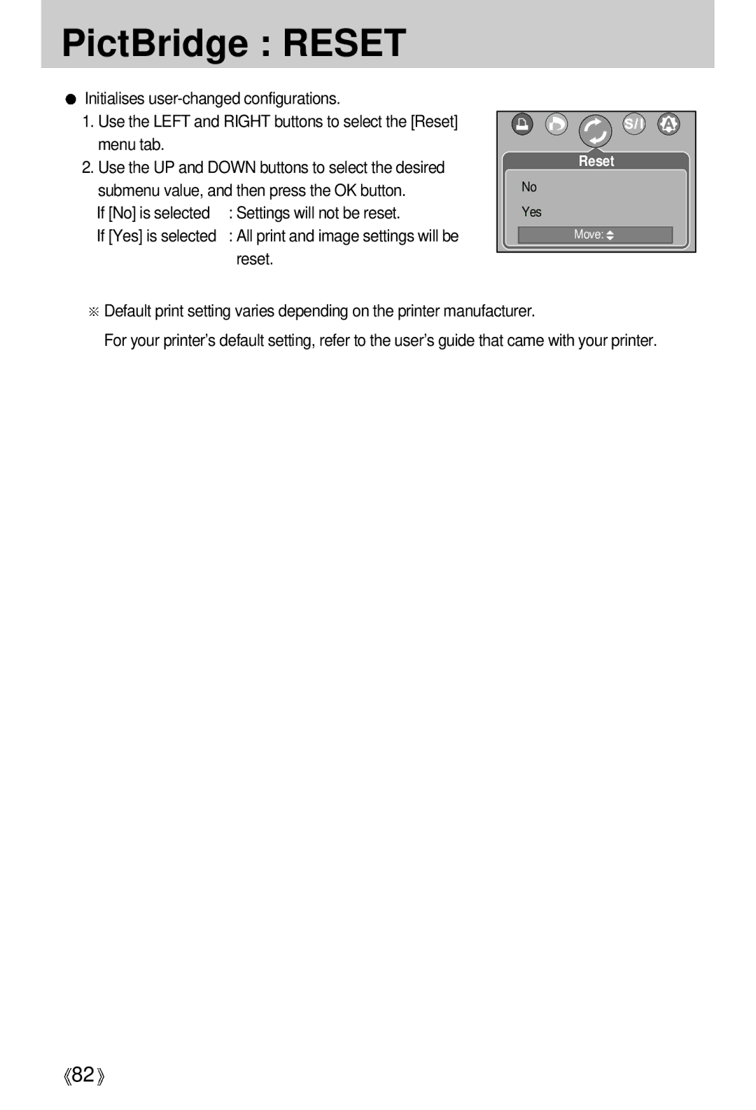 Samsung EC-UCA5ZUBA/US, EC-UCA5ZEBA/DE, EC-UCA5ZEBB/FR manual PictBridge Reset, If No is selected Settings will not be reset 