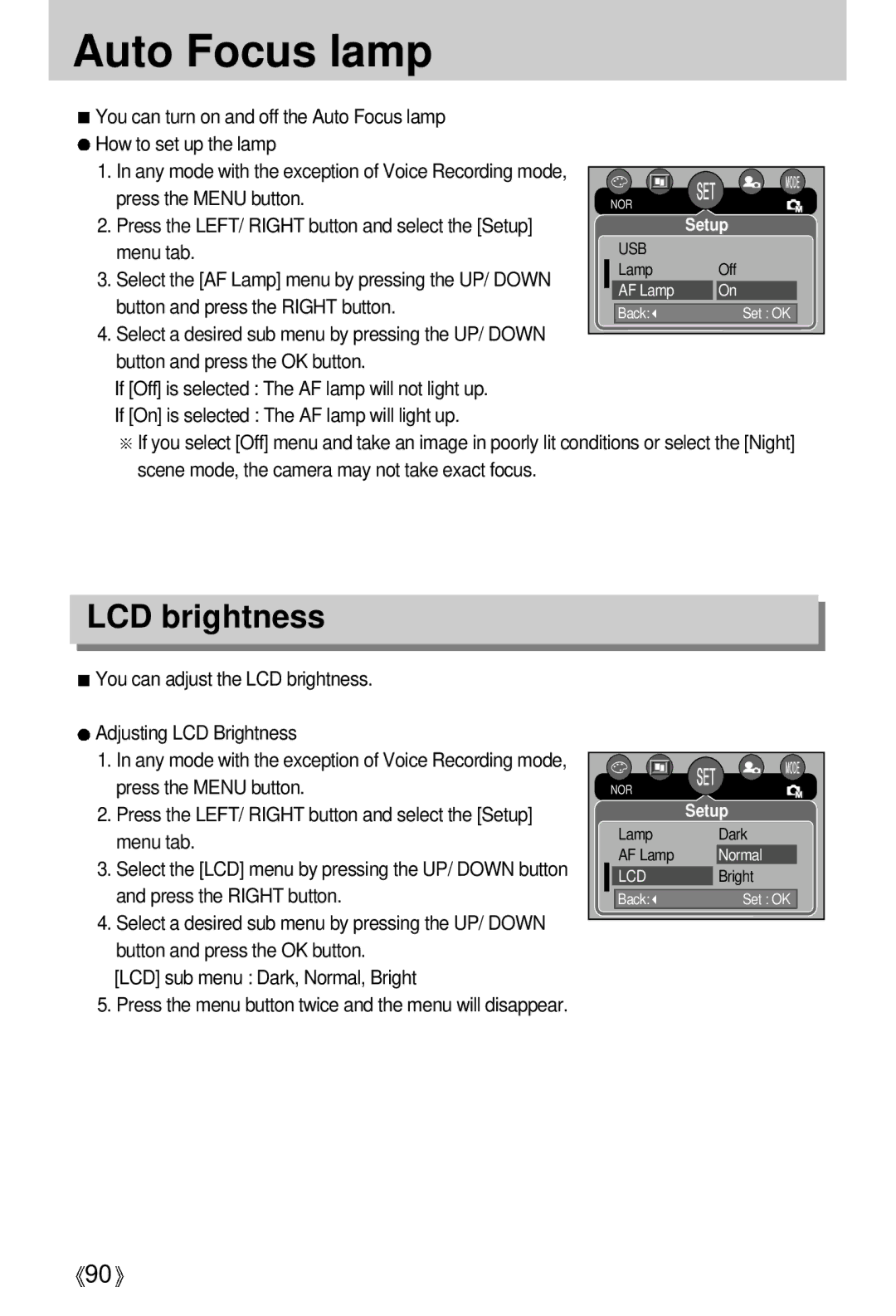 Samsung EC-UCA5ZUBF/E1, EC-UCA5ZEBA/DE, EC-UCA5ZEBB/FR, EC-UCA5ZEBC/FR, EC-UCA5ZEBG/E1 manual Auto Focus lamp, LCD brightness 