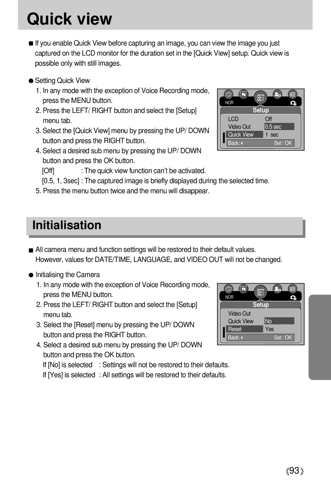 Samsung EC-UCA5ZEBB/FR Quick view, Initialisation, Initialising the Camera, Select the Reset menu by pressing the UP/ Down 