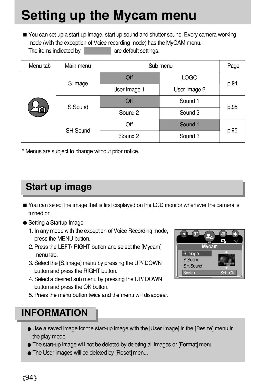 Samsung EC-UCA5ZEBC/FR, EC-UCA5ZEBA/DE, EC-UCA5ZEBB/FR, EC-UCA5ZEBG/E1, EC-UCA5ZSAA Setting up the Mycam menu, Start up image 