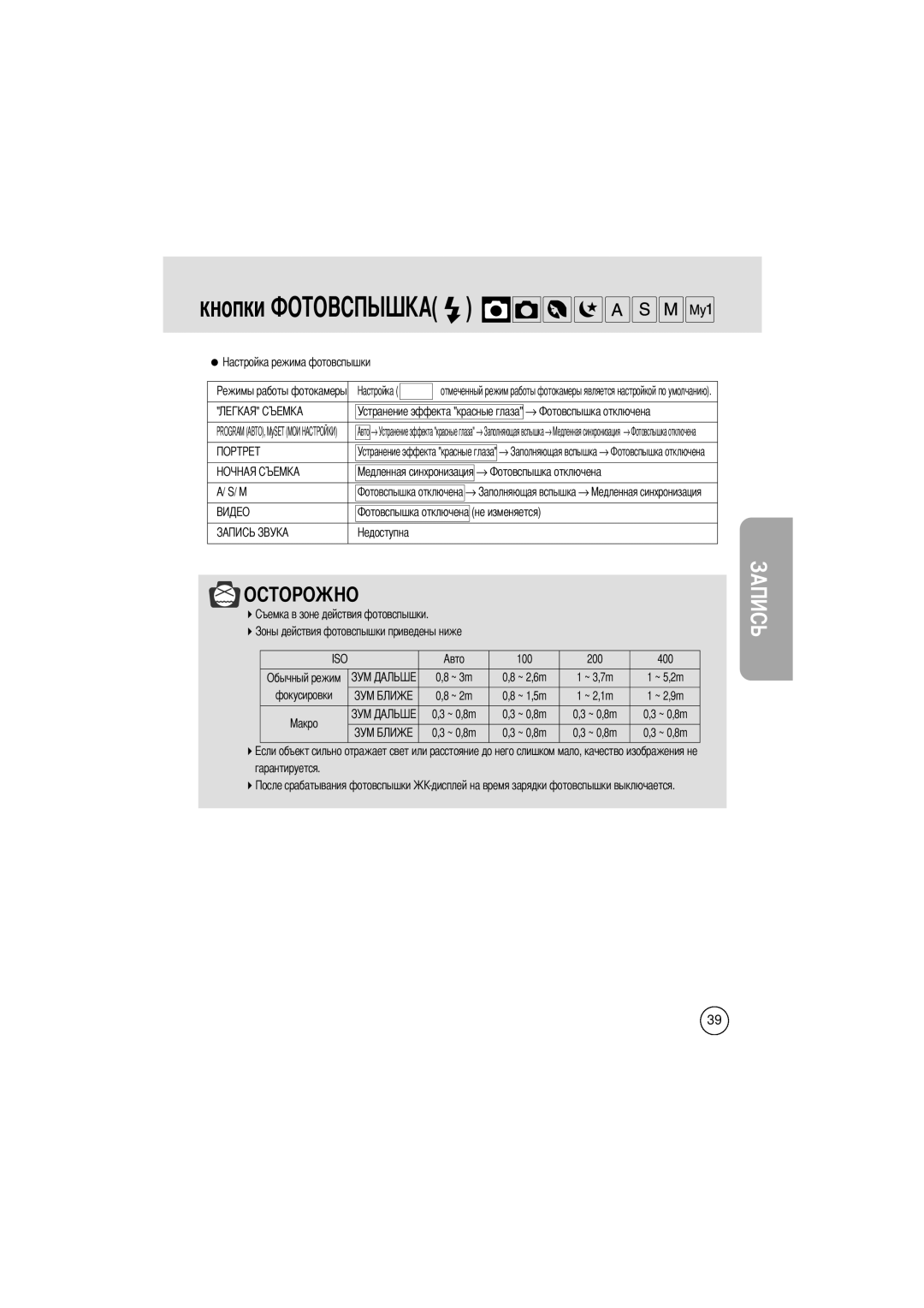 Samsung EC-V400ZSBA/GB manual Товспышка отключена, Авто 100 200 400 