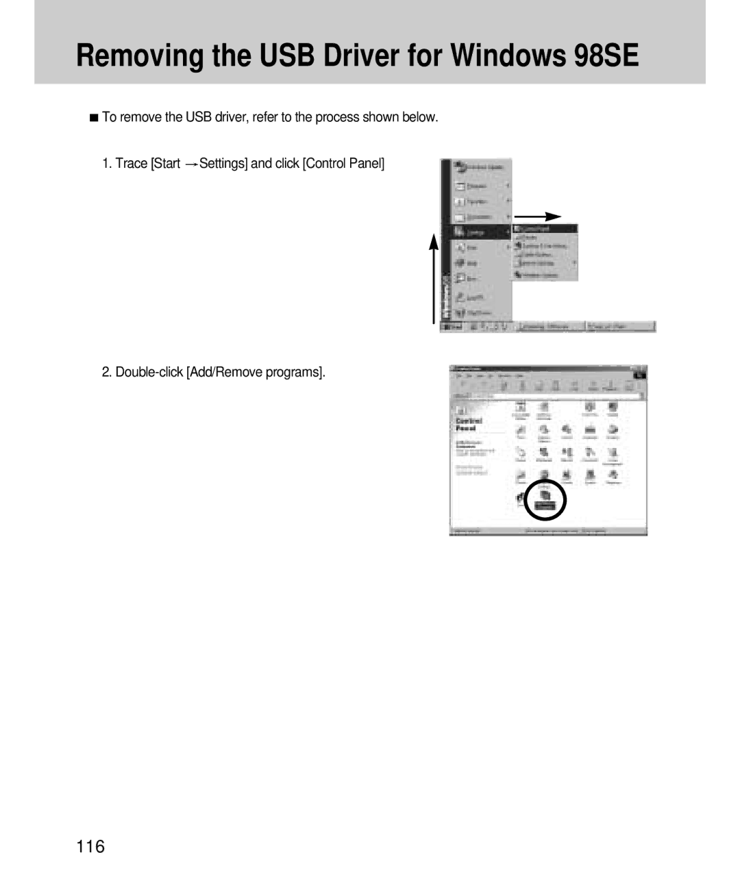 Samsung EC-V4ZZZSBB/US, EC-V4ZZZSBA/DE, EC-V4ZZZSBA/US, EC-V4ZZZSBA/E1 manual Removing the USB Driver for Windows 98SE 