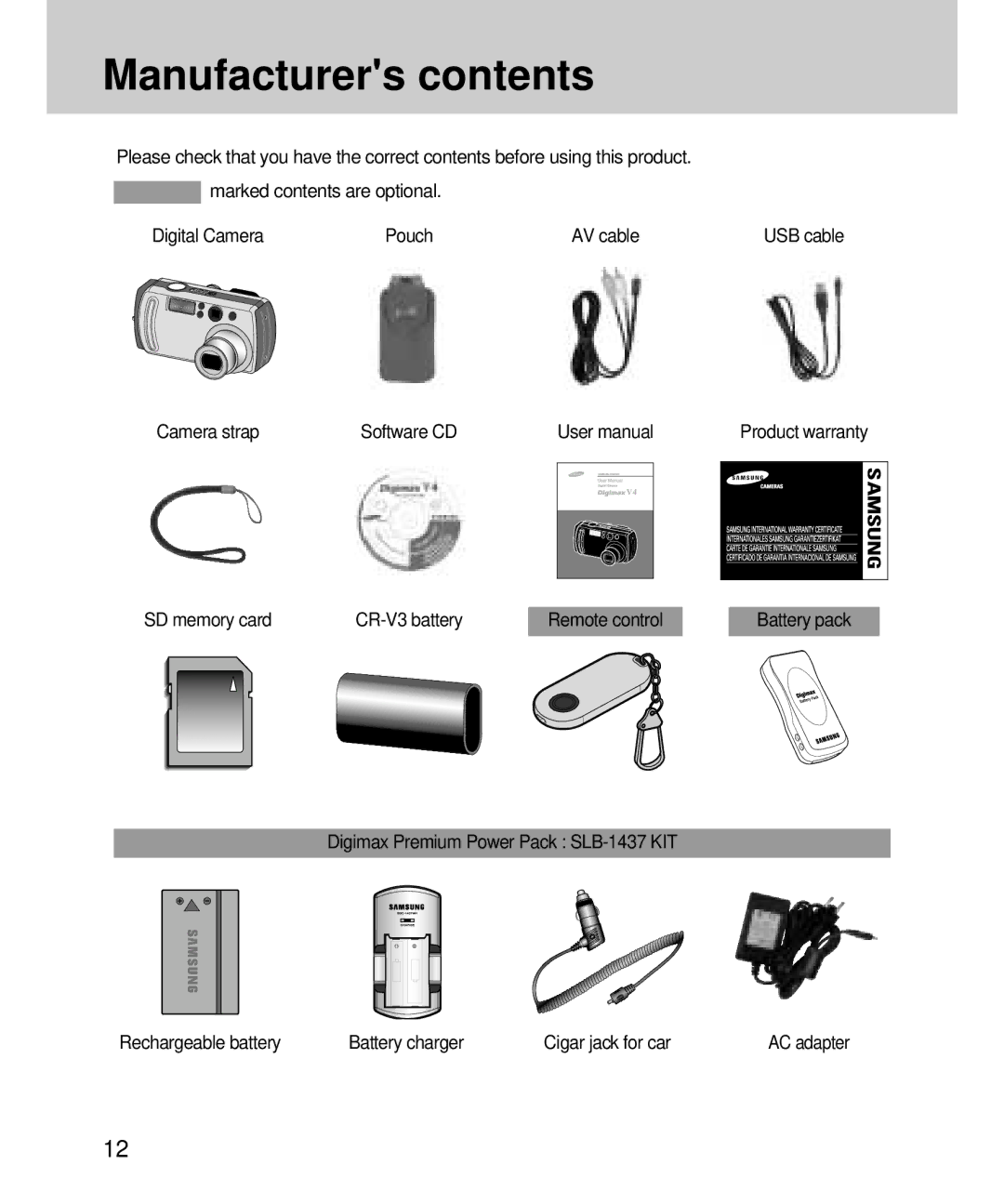 Samsung EC-V4ZZZSBA/DE, EC-V4ZZZSBA/US, EC-V4ZZZSBB/US, EC-V4ZZZSBA/E1, EC-V4ZZZSBA/FR, EC-V4ZZZSBB/FR Manufacturers contents 