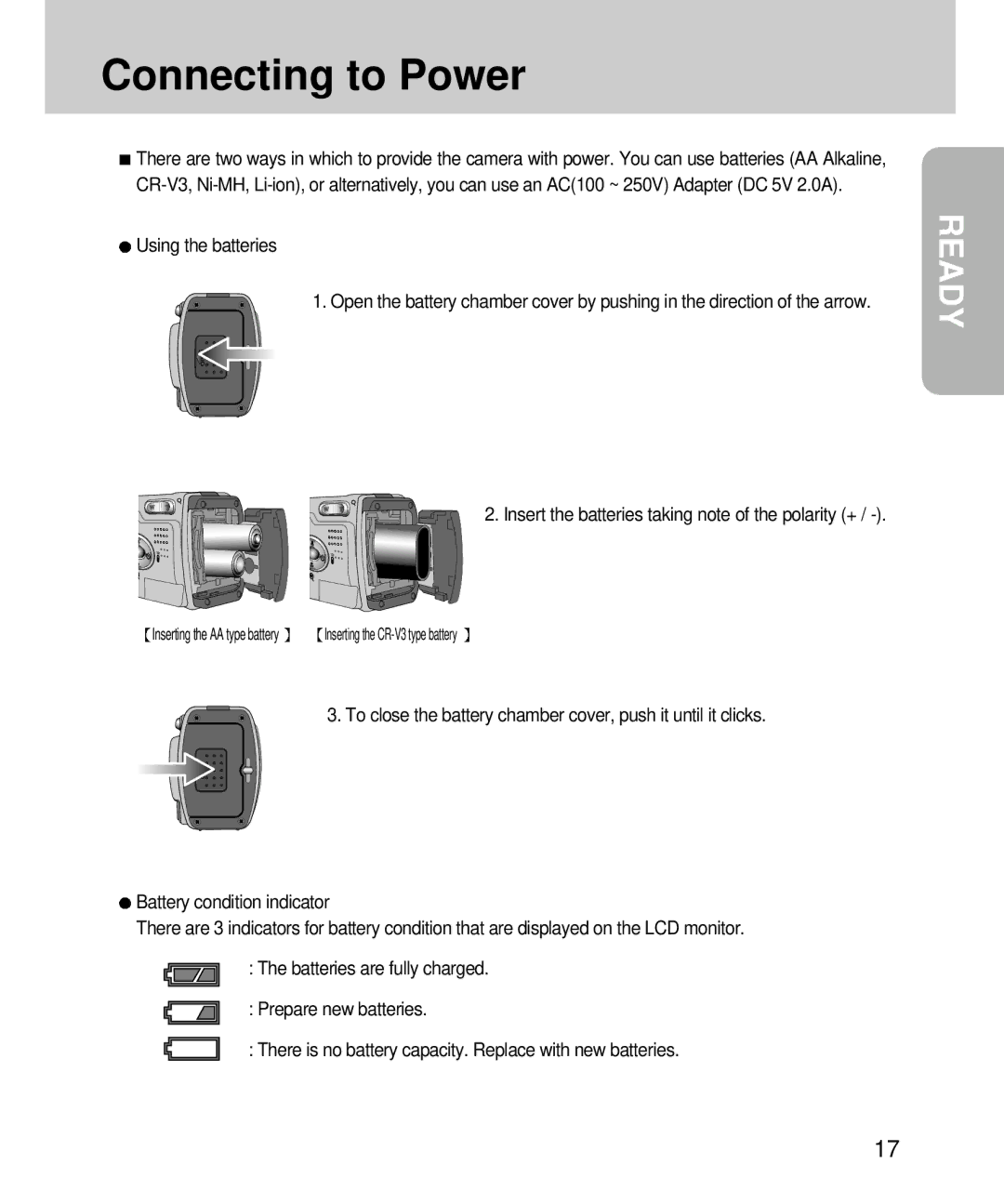 Samsung EC-V4ZZZSBB/FR manual Connecting to Power, Using the batteries, Insert the batteries taking note of the polarity + 