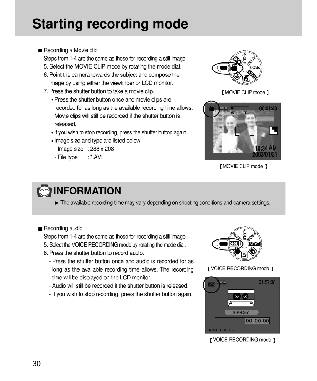 Samsung EC-V4ZZZSBA/DE, EC-V4ZZZSBA/US, EC-V4ZZZSBB/US manual Press the shutter button to take a movie clip, File type AVI 