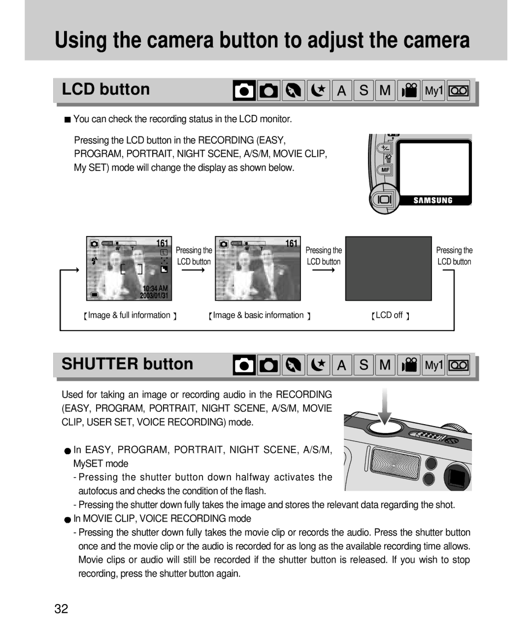 Samsung EC-V4ZZZSBB/US, EC-V4ZZZSBA/DE manual LCD button, Shutter button, My SET mode will change the display as shown below 