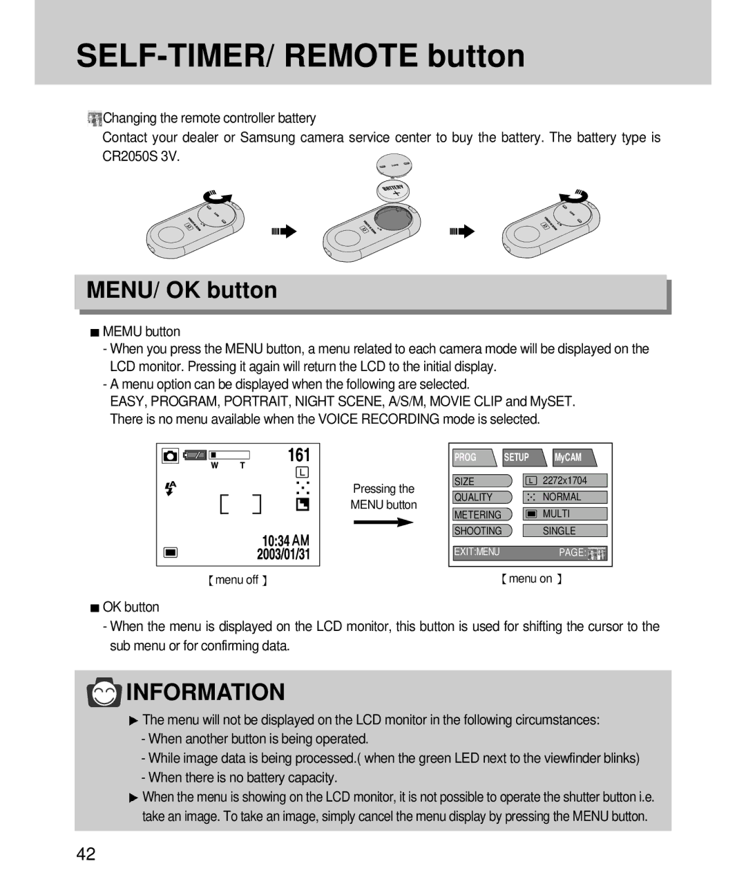 Samsung EC-V4ZZZSBA/DE, EC-V4ZZZSBA/US, EC-V4ZZZSBB/US, EC-V4ZZZSBA/E1 manual SELF-TIMER/ Remote button, MENU/ OK button 