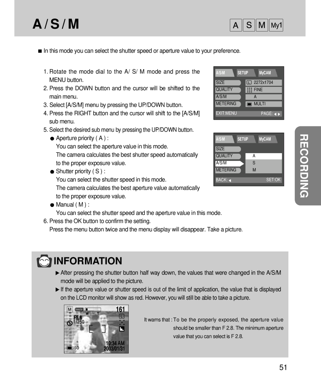 Samsung EC-V4ZZZSBA/E1 manual Menu button, Press the Down button and the cursor will be shifted to, Aperture priority a 