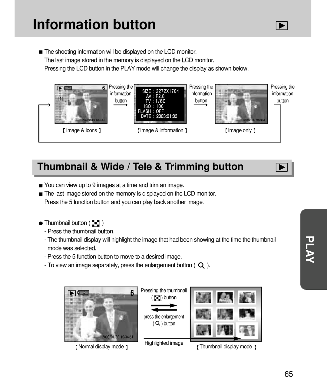 Samsung EC-V4ZZZSBB/FR, EC-V4ZZZSBA/DE, EC-V4ZZZSBA/US manual Information button, Thumbnail & Wide / Tele & Trimming button 