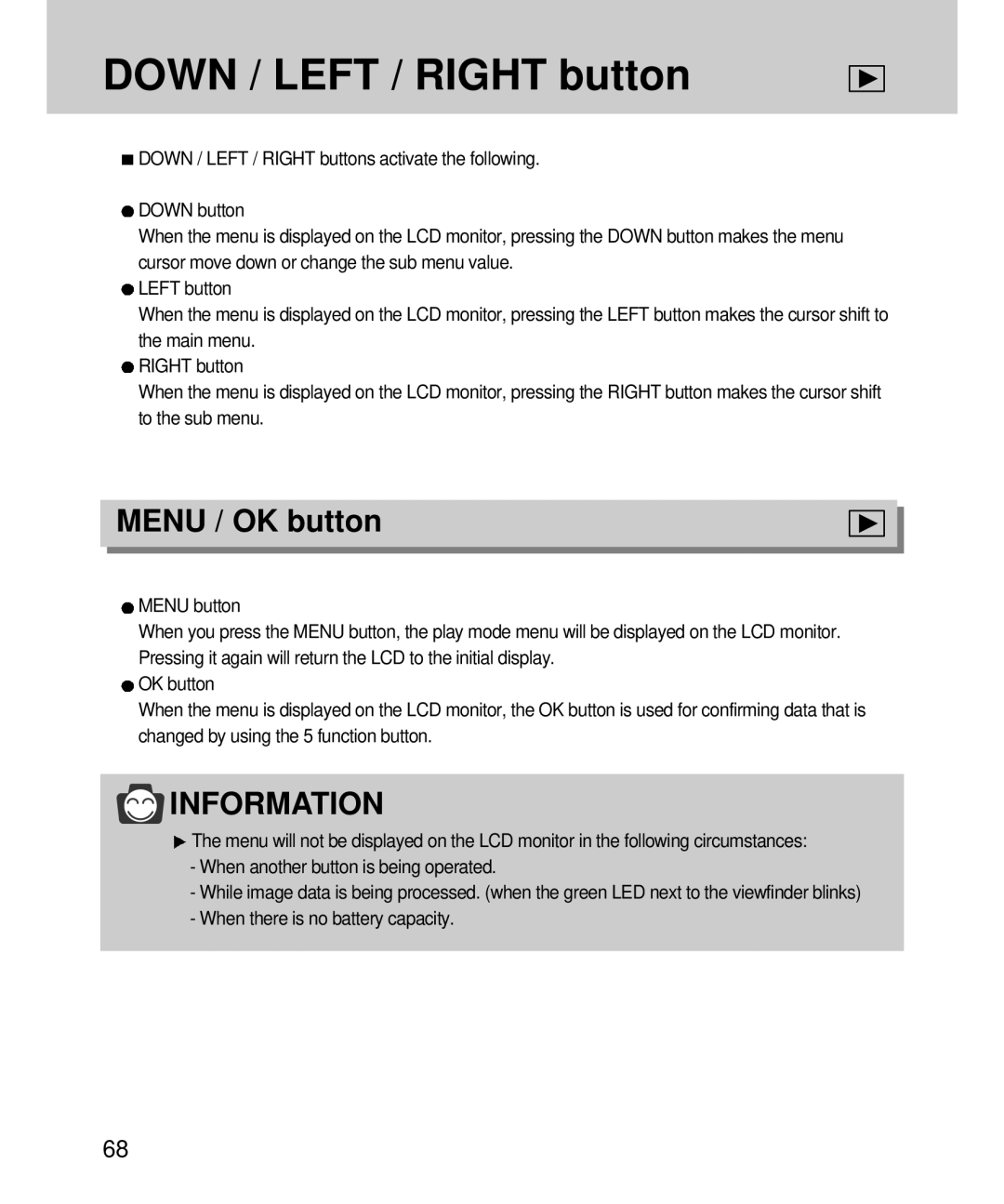 Samsung EC-V4ZZZSBB/US, EC-V4ZZZSBA/DE, EC-V4ZZZSBA/US, EC-V4ZZZSBA/E1 manual Down / Left / Right button, Menu / OK button 