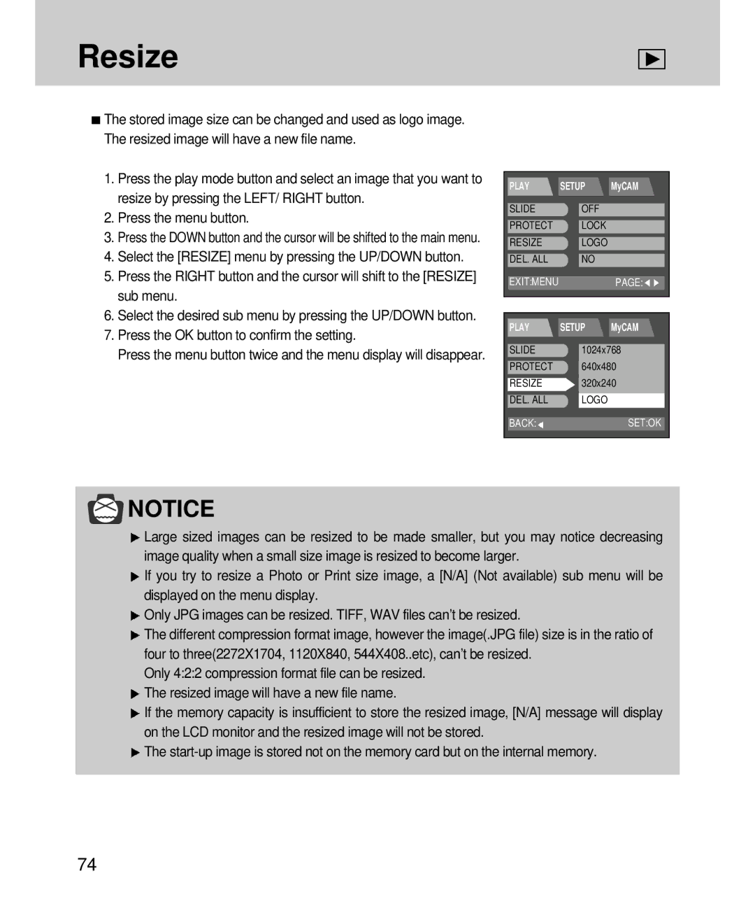 Samsung EC-V4ZZZSBB/US, EC-V4ZZZSBA/DE, EC-V4ZZZSBA/US, EC-V4ZZZSBA/E1 Resize, Press the OK button to confirm the setting 