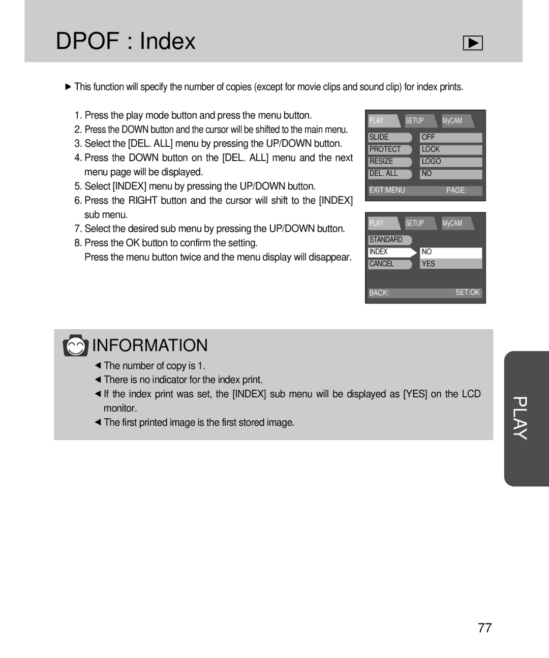 Samsung EC-V4ZZZSBB/FR, EC-V4ZZZSBA/DE, EC-V4ZZZSBA/US, EC-V4ZZZSBB/US, EC-V4ZZZSBA/E1, EC-V4ZZZSBA/FR manual Dpof Index 