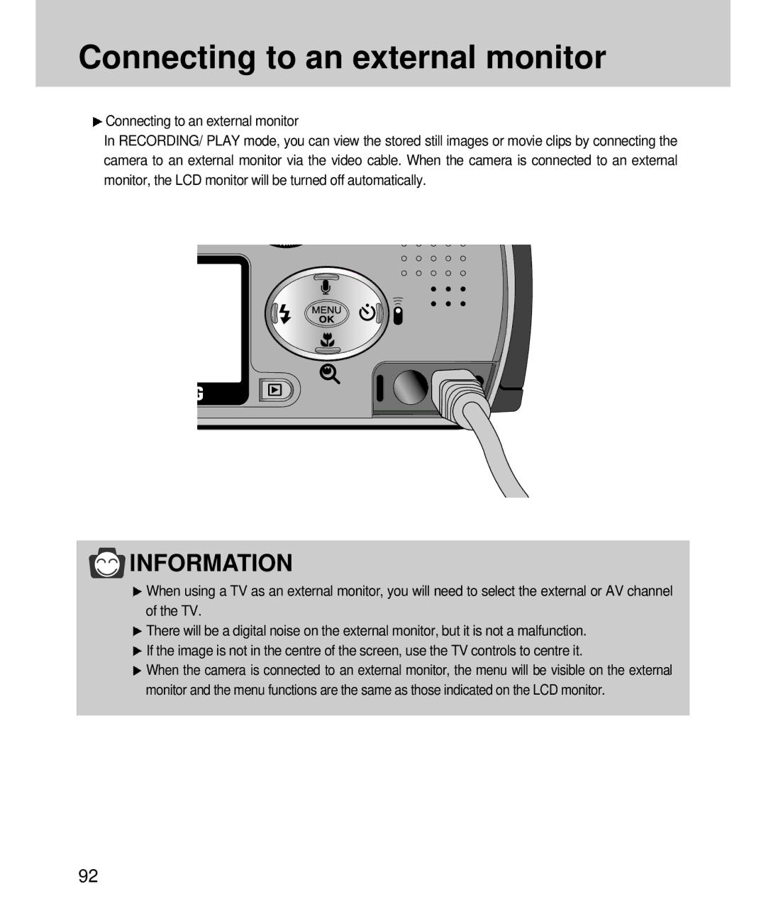 Samsung EC-V4ZZZSBB/US, EC-V4ZZZSBA/DE, EC-V4ZZZSBA/US, EC-V4ZZZSBA/E1, EC-V4ZZZSBA/FR manual Connecting to an external monitor 