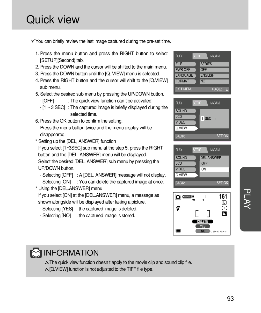 Samsung EC-V4ZZZSBA/E1, EC-V4ZZZSBA/DE Quick view, UP/DOWN button Selecting OFF, Selecting on, Using the DEL.ANSWER menu 