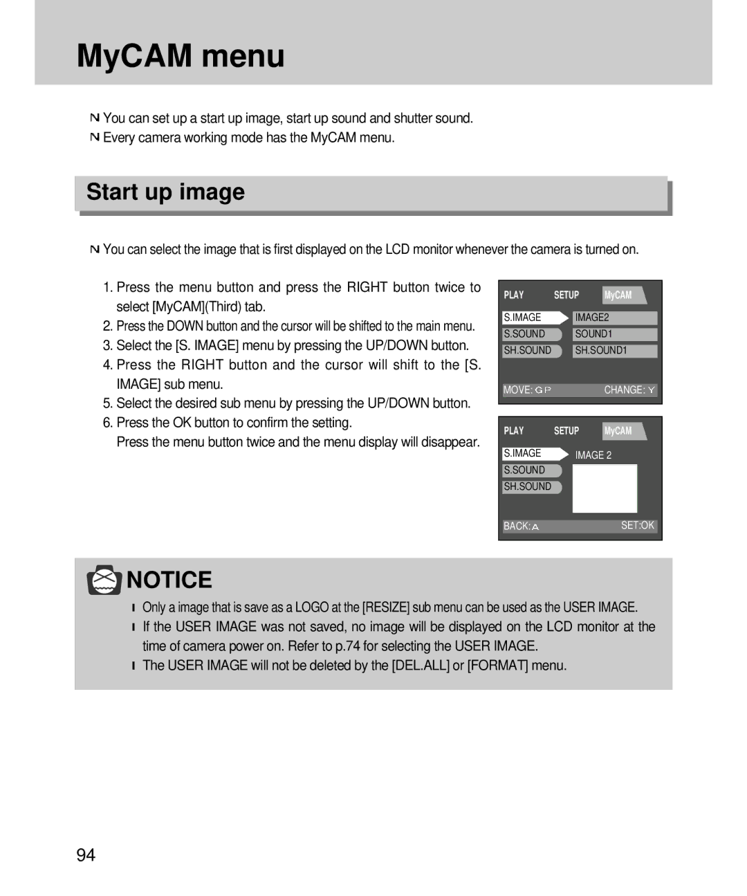 Samsung EC-V4ZZZSBA/FR, EC-V4ZZZSBA/DE, EC-V4ZZZSBA/US, EC-V4ZZZSBB/US, EC-V4ZZZSBA/E1 manual MyCAM menu, Start up image 