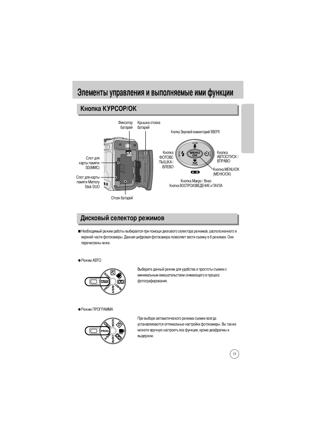 Samsung EC-V50ZZSBA/GB, EC-V50ZZSAA, EC-V50ZZSBA/FR, EC-V50ZZSBA/AS Овый селектор режимов, Батарей батарей, Отсек батарей 