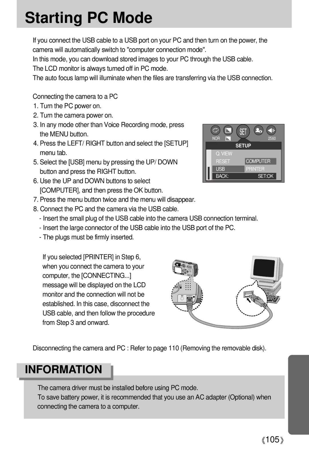 Samsung EC-V5ZZZSAA, EC-V5ZZZSBA/FR, EC-V5ZZZSBA/US, EC-V5ZZZSAB manual Starting PC Mode, Button and press the Right button 