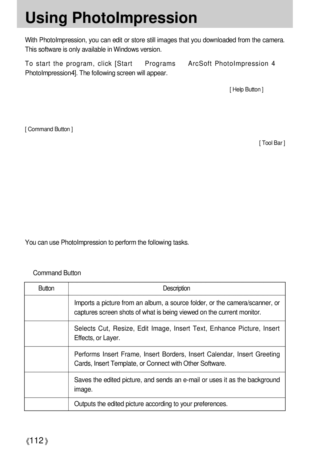 Samsung EC-V5ZZZSBA/US, EC-V5ZZZSAA, EC-V5ZZZSBA/FR, EC-V5ZZZSAB, EC-V5ZZZSBA/GB manual Using PhotoImpression 