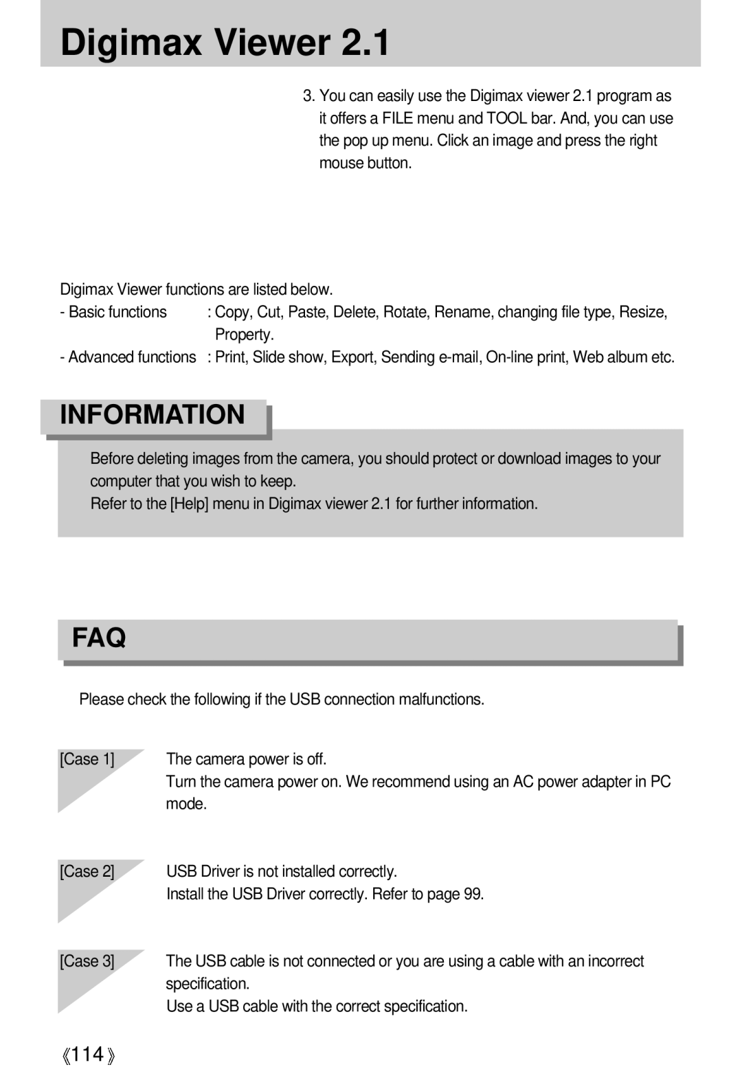 Samsung EC-V5ZZZSBA/GB manual Digimax Viewer, Property, Specification, Use a USB cable with the correct specification 