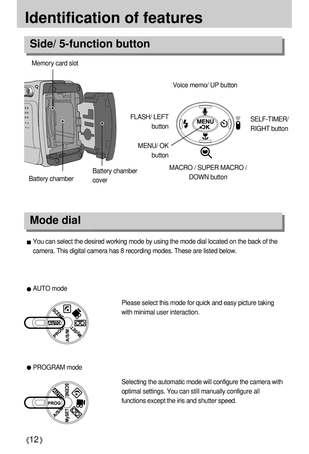 Samsung EC-V5ZZZSBA/US, EC-V5ZZZSAA, EC-V5ZZZSBA/FR, EC-V5ZZZSAB, EC-V5ZZZSBA/GB manual Side/ 5-function button, Mode dial 