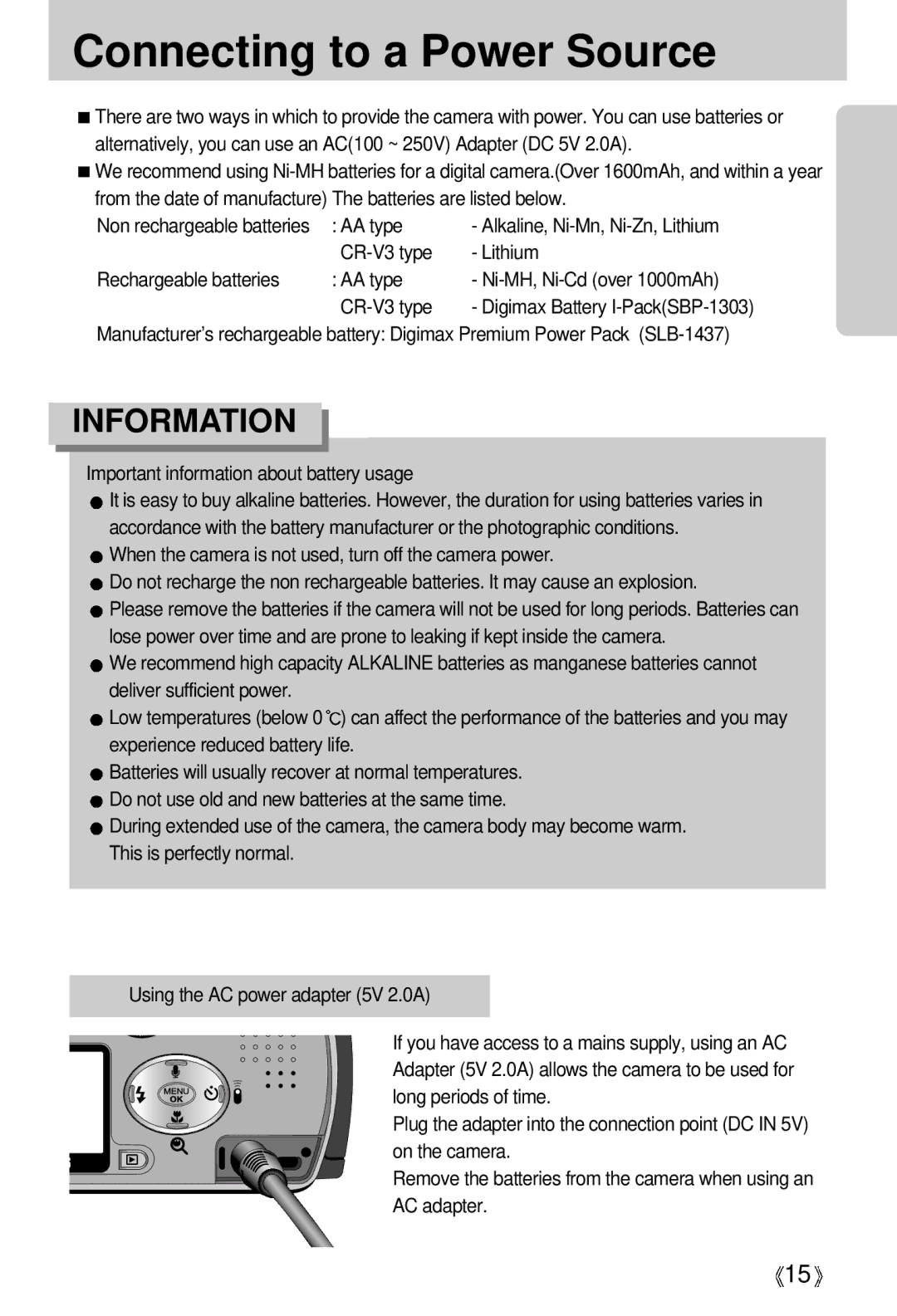 Samsung EC-V5ZZZSAA Connecting to a Power Source, Important information about battery usage, Non rechargeable batteries 