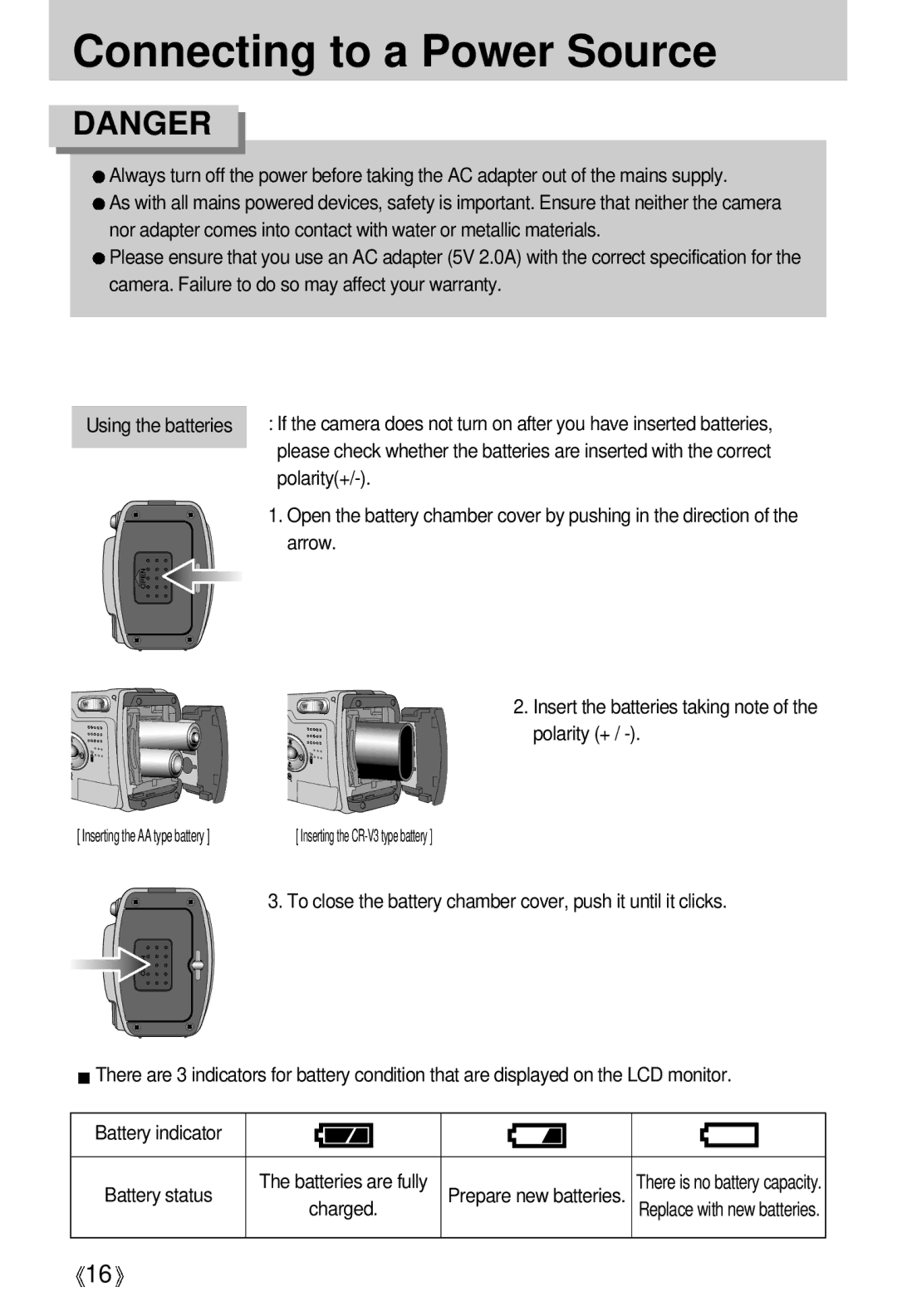 Samsung EC-V5ZZZSBA/FR manual Polarity+, Arrow, Insert the batteries taking note of the polarity +, Using the batteries 