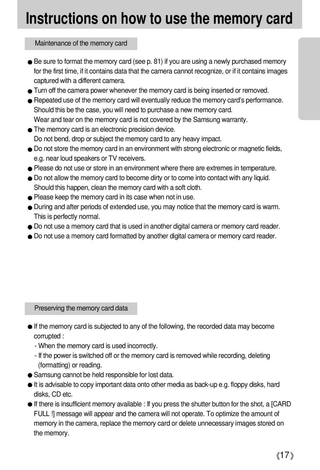 Samsung EC-V5ZZZSBA/US, EC-V5ZZZSAA, EC-V5ZZZSBA/FR, EC-V5ZZZSAB, EC-V5ZZZSBA/GB Instructions on how to use the memory card 